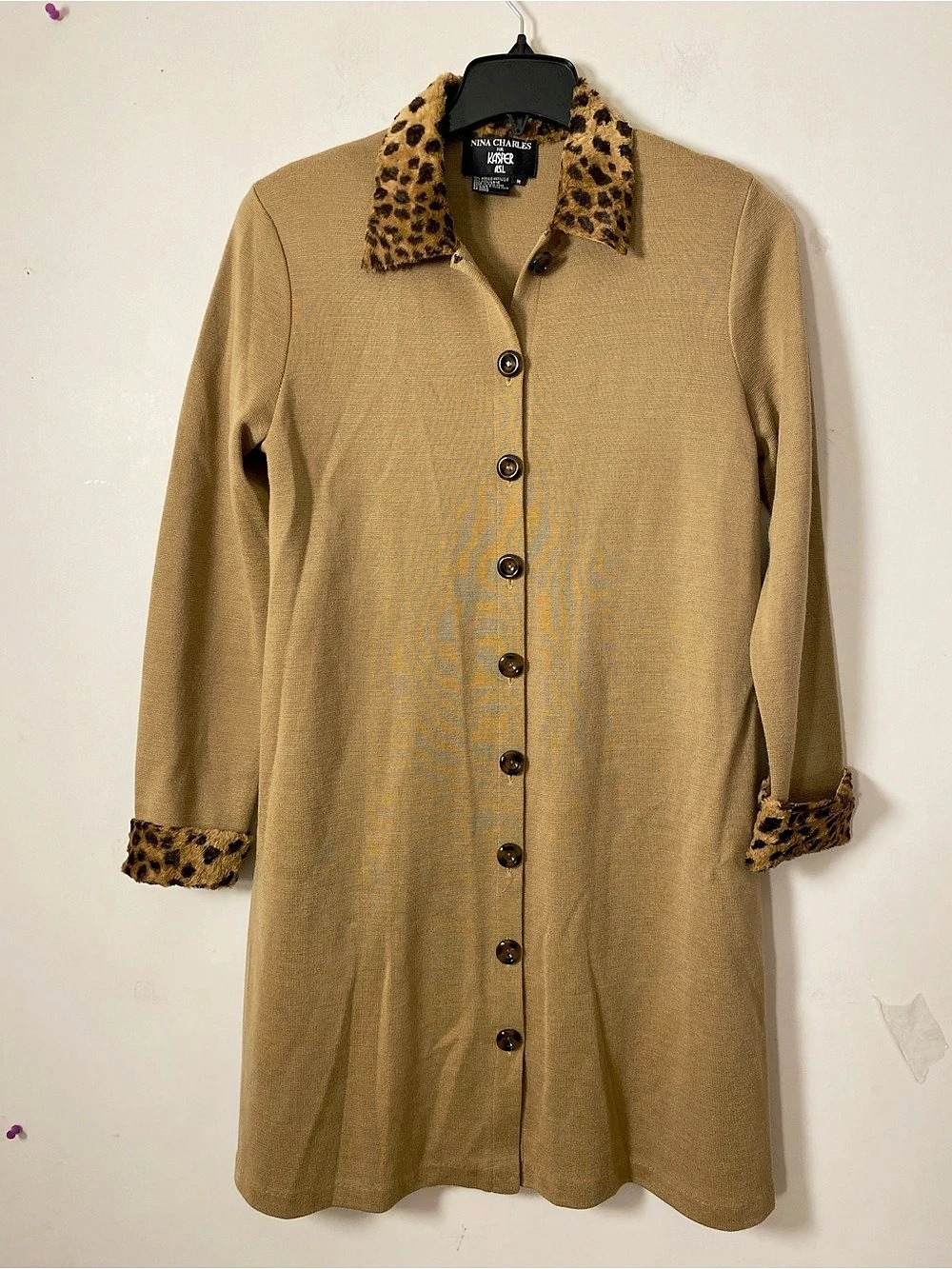 Nina Charles for Kasper wool Blend Animal Print Collar Button Front Brown coat